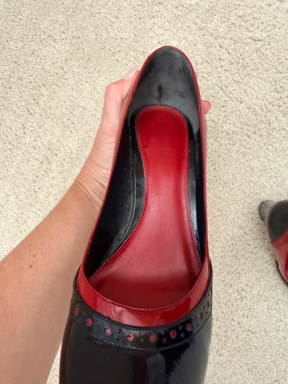 Ann Taylor Women's Two-Tone Black and Red Leather Block Heel Pumps - Picture 4 of 8